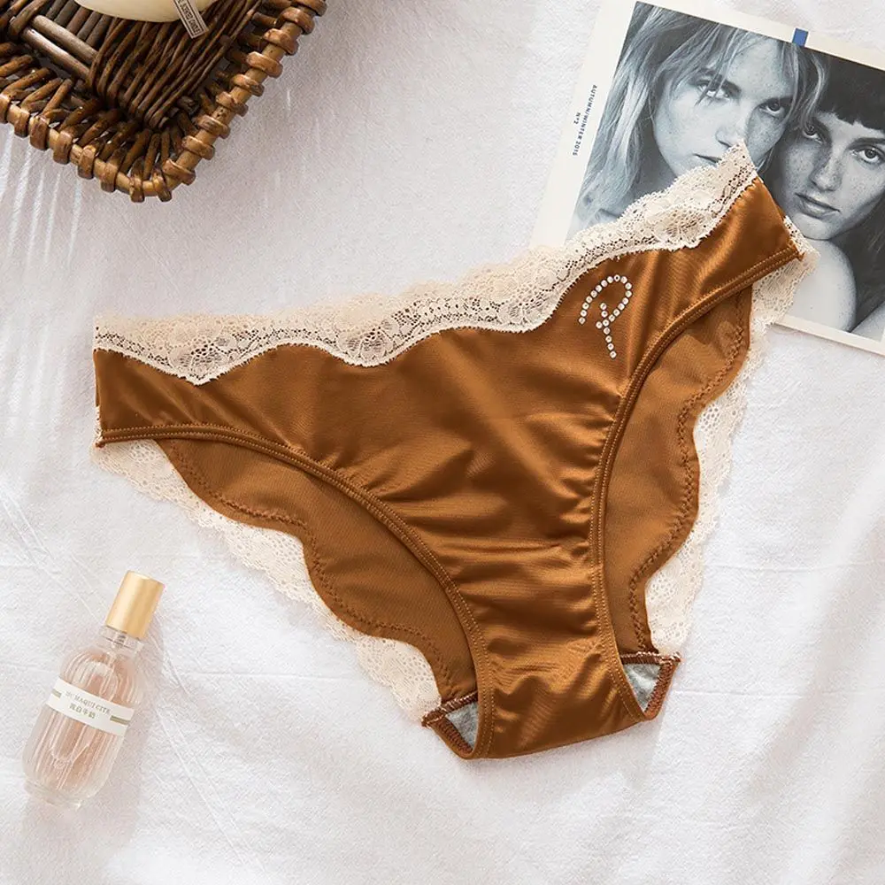 

For Girls Underpants Cotton Crotch Rhinestone Low Waist Lace Briefs Korean Underwear Women Satin Panties Letter
