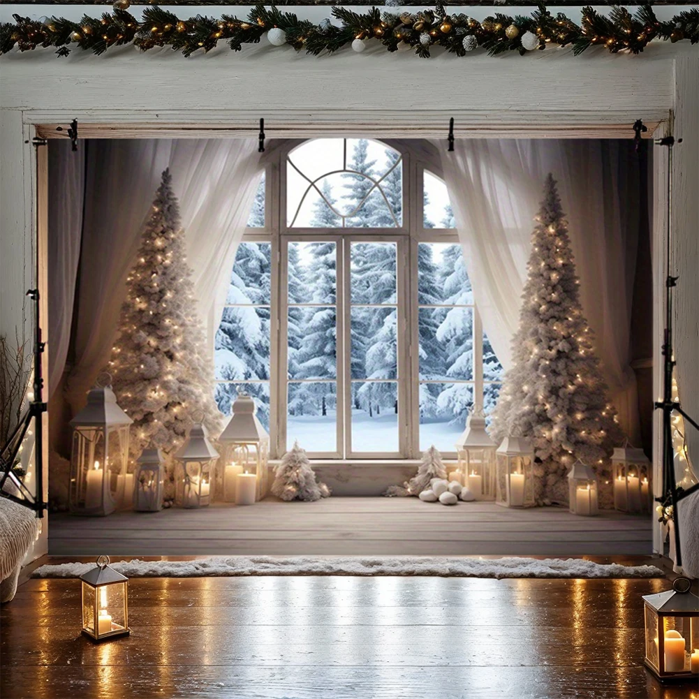 Winter Christmas Photography Backdrop  10x8FT Kid Family Party Portrait Snow Windows Scene Xmas Tree Gifts Background Banner