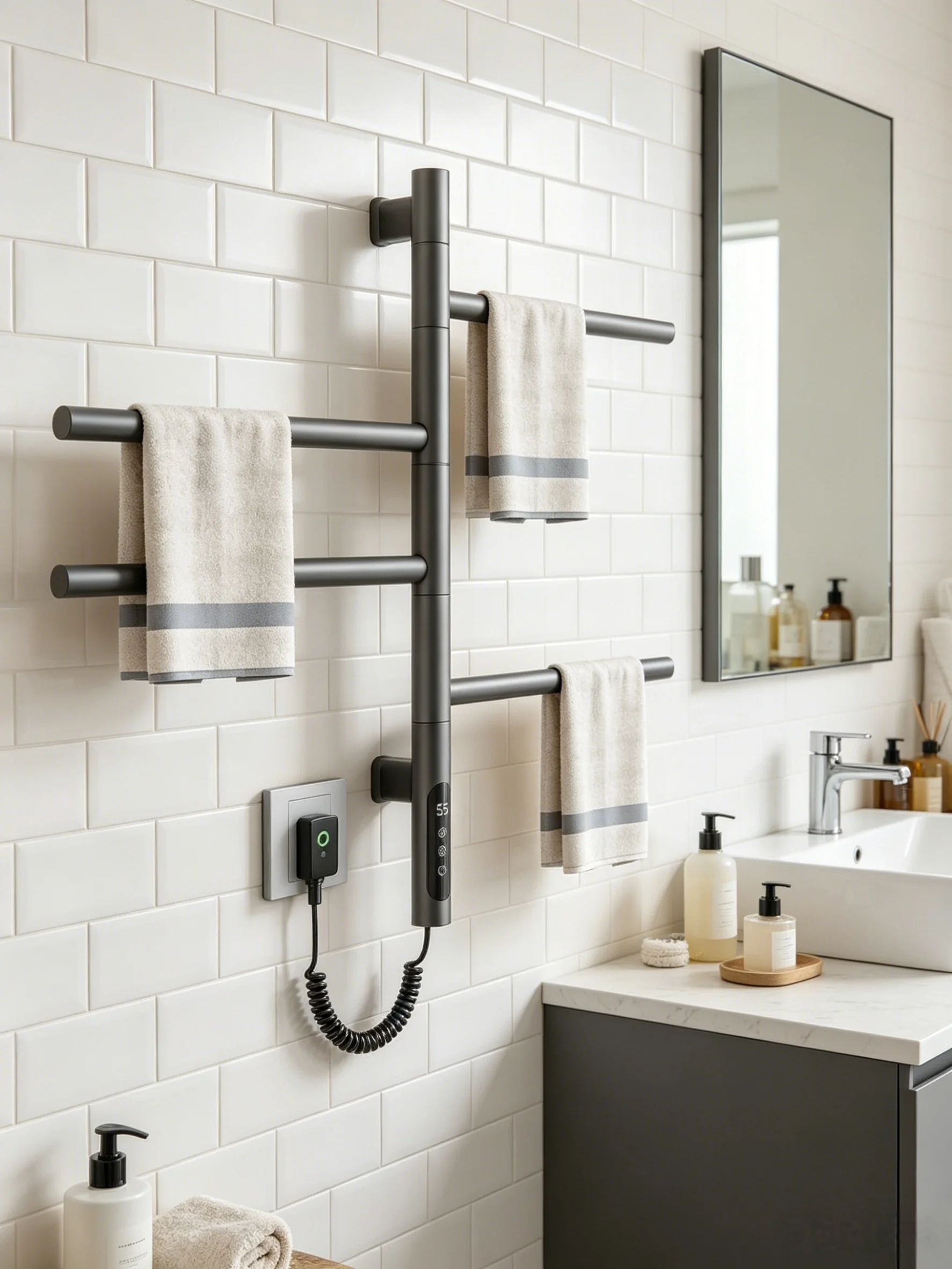 PREMIUM GUNMETAL SWIVEL TOWEL WARMER MULTI ROTATING ARMS SMART TOUCH PANEL HEATED TOWEL RACK for LUXURY BATHROOM
