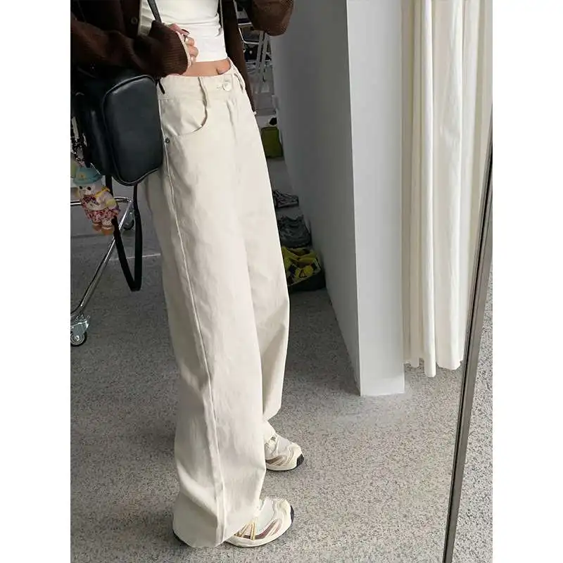 

No Slim Look Tall Casual Loose Straight Pants High Waist PU Leather Spring Wide Leg Jeans for Middle-Aged Women