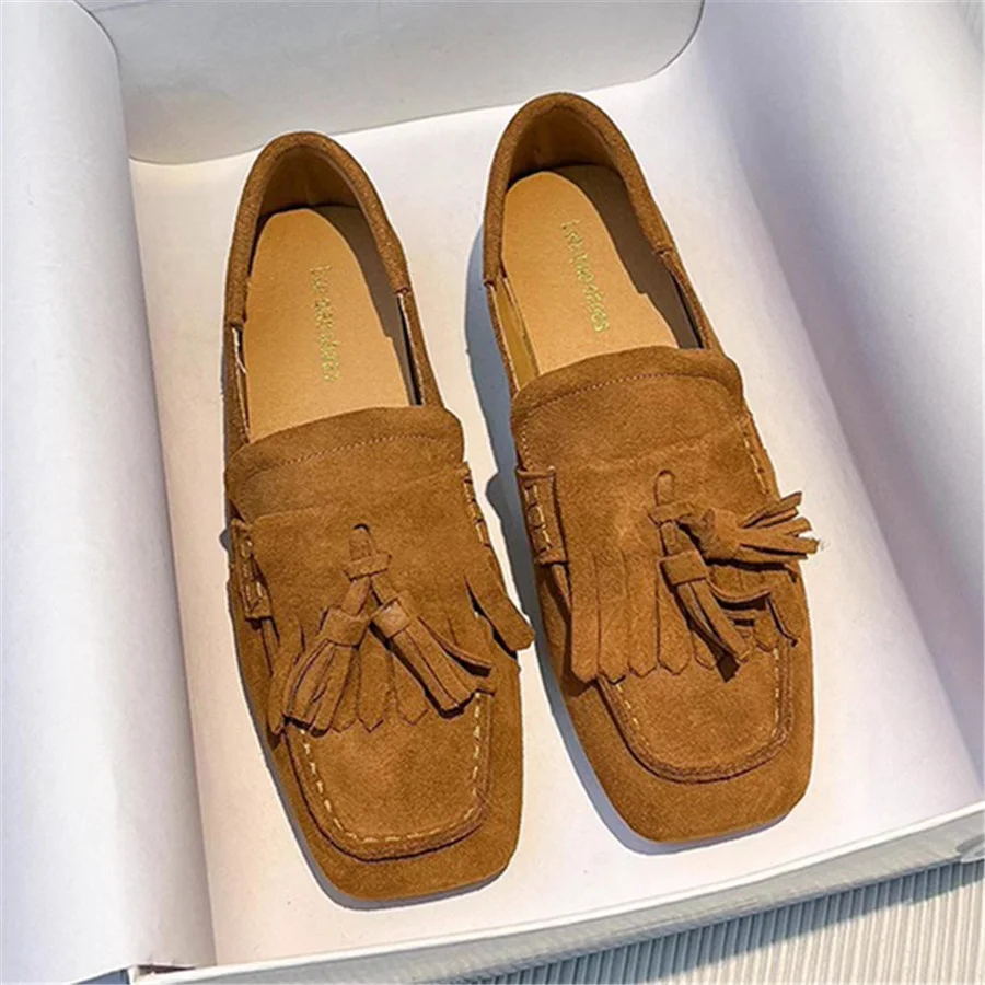 Fringed Women Ballet Flats Square Toe Walking Driving Shoes Ladies Comfortable Vacation Loafers Tassels Flat Espadrilles