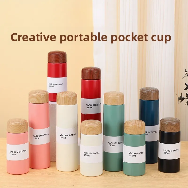 Mini thermos portatif mignon de flacon de vide d'acier inoxydable de 150 ml/250 ml |   Bouteille isolée avec couvercle en grain de bois |   Petite tasse à café de voyage