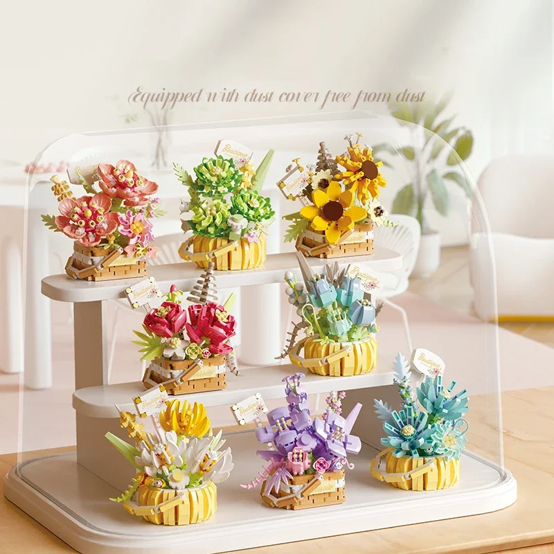 Potted Flower Basket Building Blocks Creative Bonsai Plant Bouquet Bricks Set With Dust Cover Desktop Decoration Kids Toy Gifts