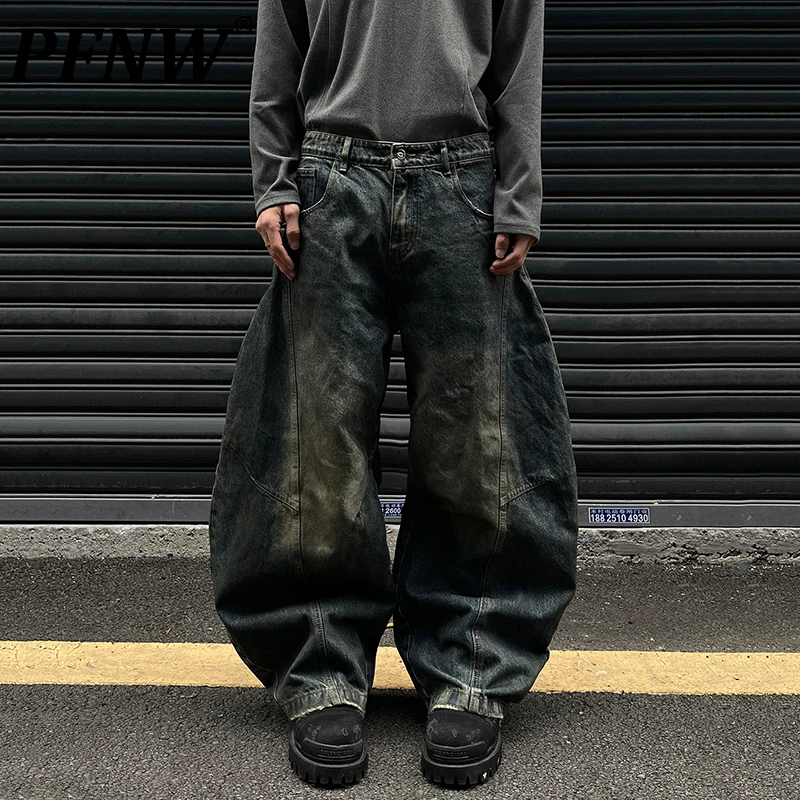 PFNW Distressed Rub Color Baggy Jeans Men's Autumn Street High Qualtiy Design Reverse Waist Head Wide Leg Machete Pants 12C1736