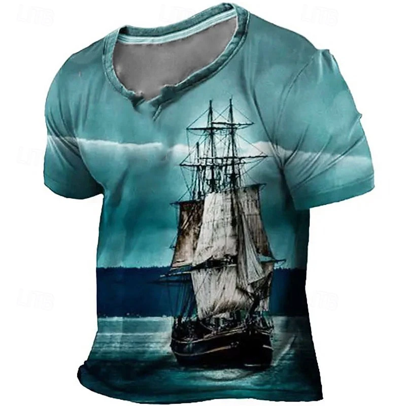 Vintage Men's Pirate Sailboat Graphic 3D T-shirt Fashion Casual Daily Short Sleeve T shirt Outdoor Men Women Top Summer Clothing