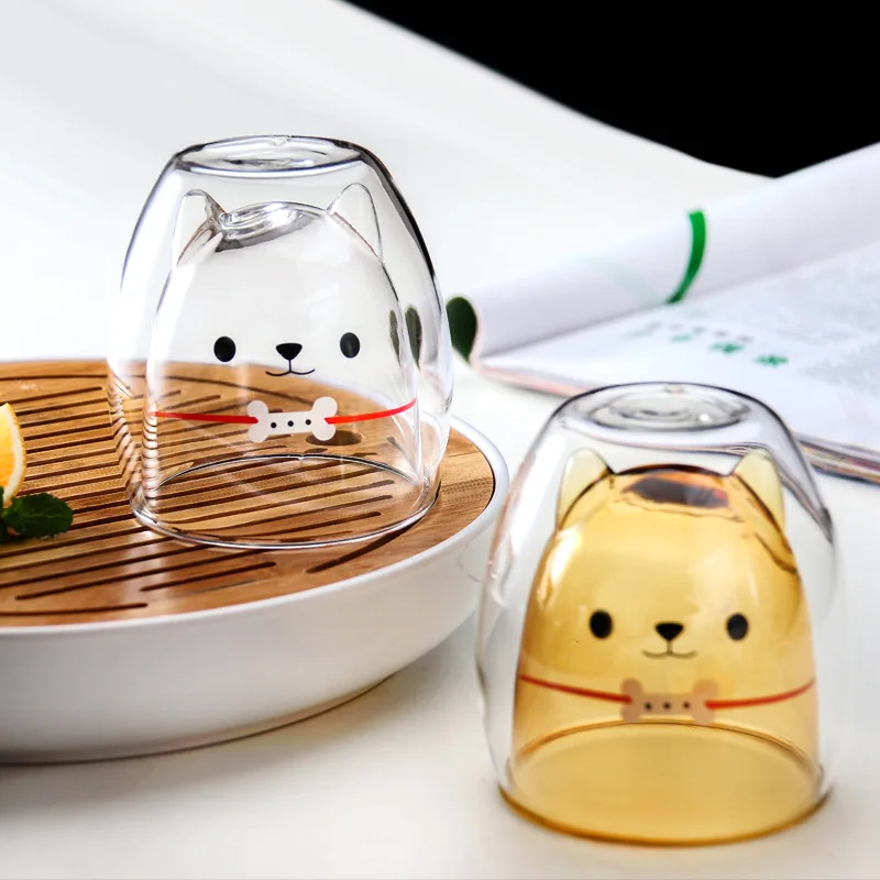 280ML Double Glass Cup Coffee Mug Bear Cat Dog Animal Transparent Cute Milk Juice Tea Drinking Cups Birthday Party Wine Glasses