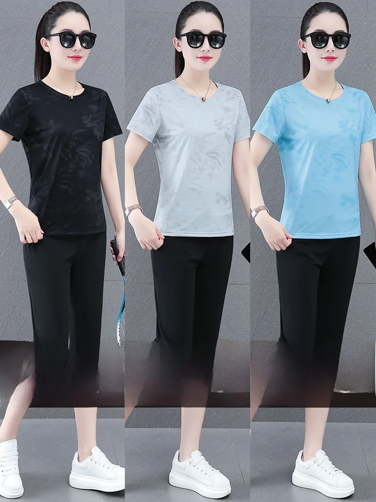 Ice Silk Outdoor Sports Suit Women's Summer Thin New Sle Breathable Qui Dry ort Sve Seven-Piece Pants Two-Piece Set