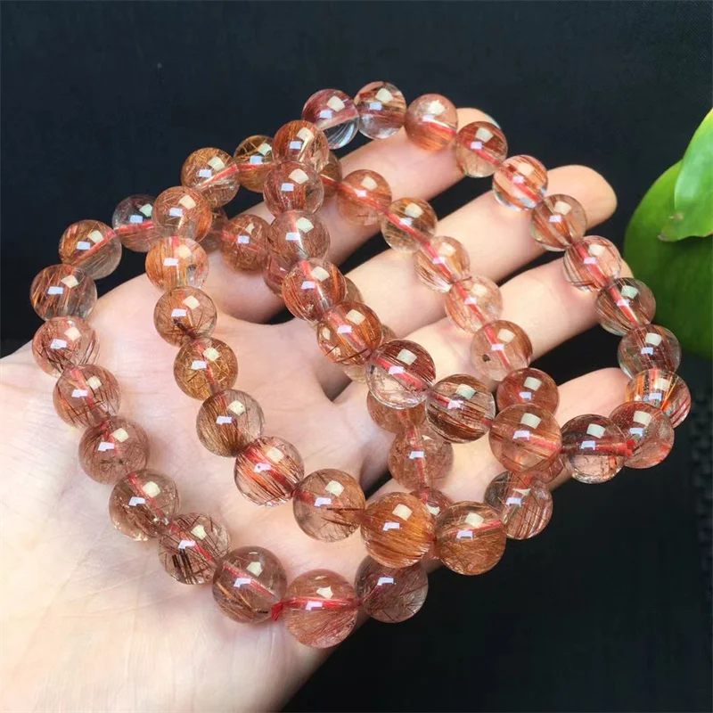 10MM Natural Red Rutilated Quartz Bracelets Women Fashion Red Crystal Clear Round Beads Lovers Strand Bangles Jewelry 1pcs