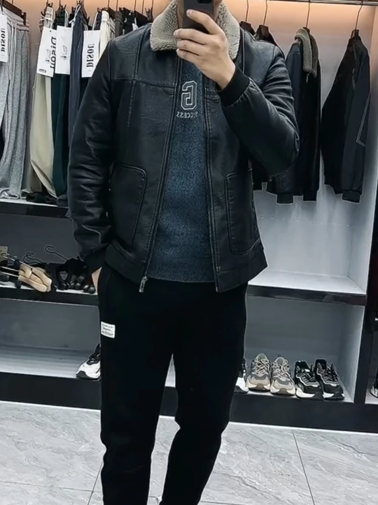 

Men's Slim Fit Fce Lined Leather Jaet A36 Sli Winter Outerwear Faionable Versatile Casual Biker Jaet for Youth