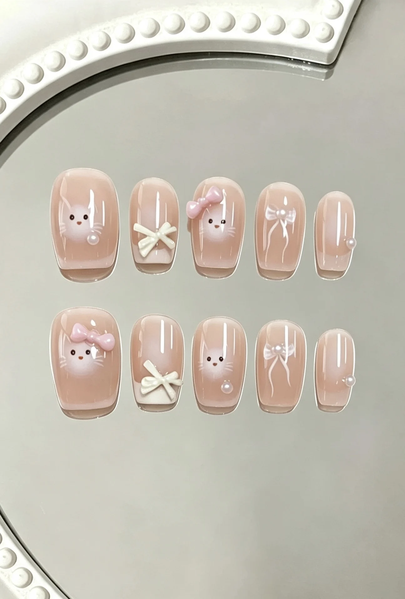 10-Piece Set of Blush Gradient White Cat Pearl Long Square Detachable False Nails, Suitable for Students' Daily Use, Cat Lovers, Sweet Girls' Commute, Afternoon Tea Outings, Girl Dates, Soft Girl Outfits, Birthday Photoshoots
