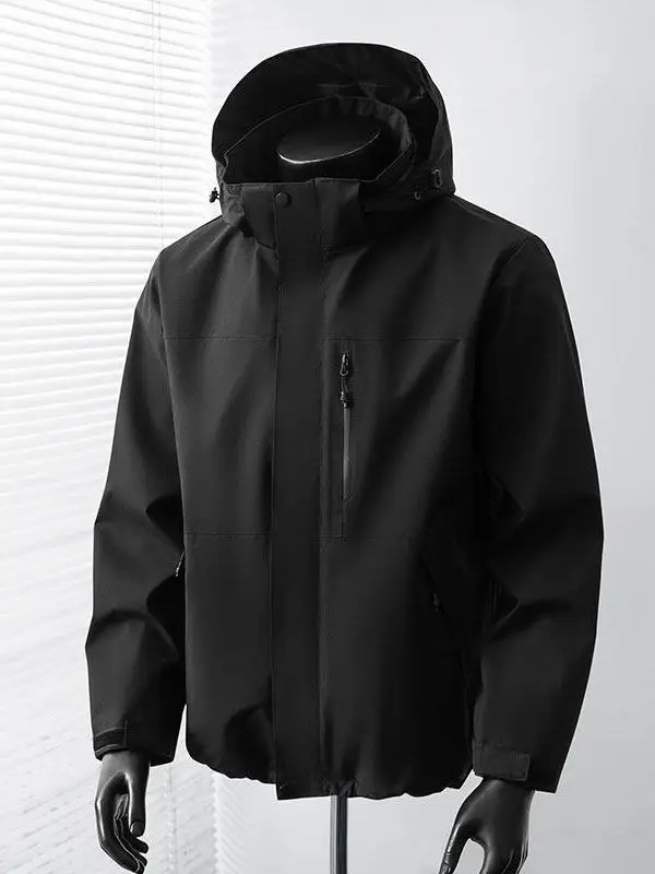 2026 New Men's Soft  Climbing Jacket Outdoor Casual Three-Proof Hooded Parka Spring Autumn Polyester Standard Fit Jacket