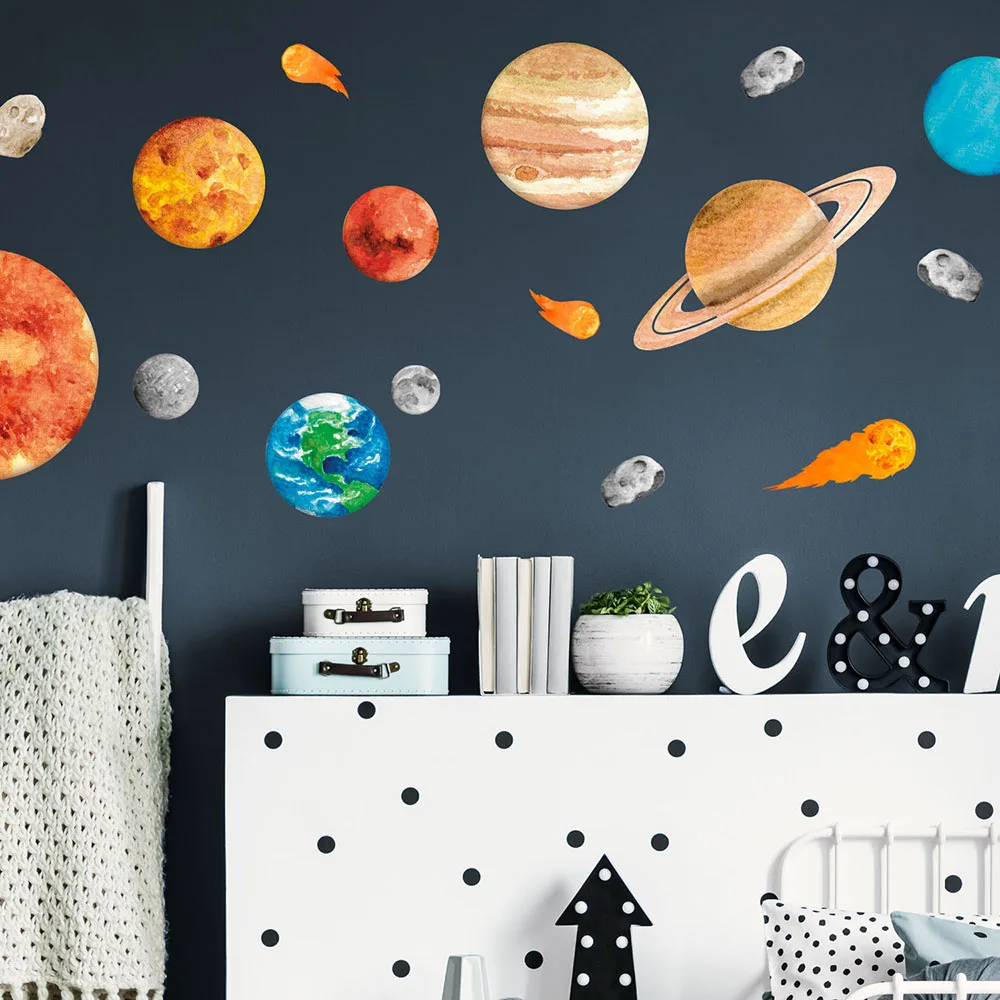 Cartoon Space Rocket Planet Wall Stickers Bedroom Playroom Galaxy Stars Wall Decals Living Room Home Decor