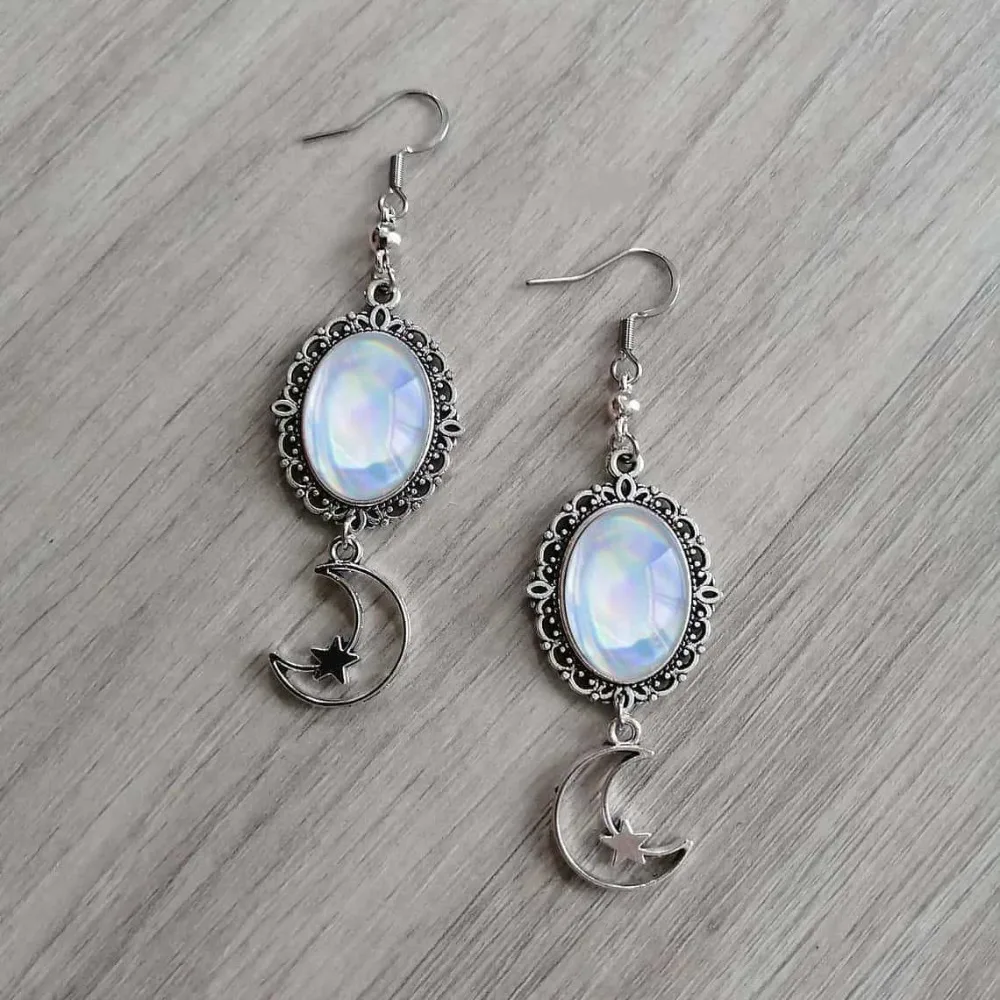 Charm Retro Oval Lace Rose Quartz Moon Phase Magic Star Dangle Earrings for Women Gothic Halloween Party Witch Y2K Jewelry Gifts