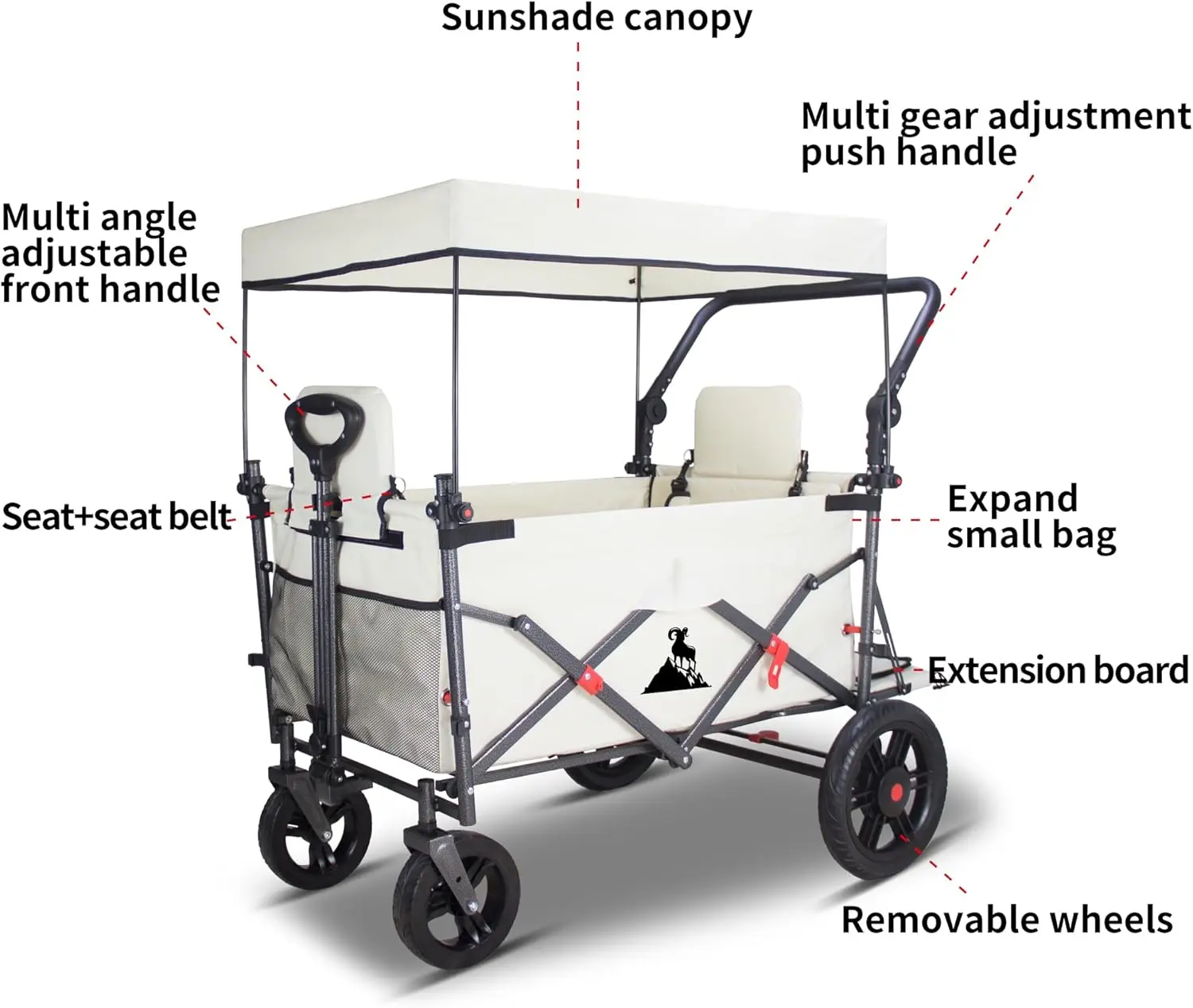 Camping, Garden and Shopping Use, Heavy-Duty Utility Wagon with Quick-Release Wheels and 2 Seats, 265LBS Capacity, Beige
