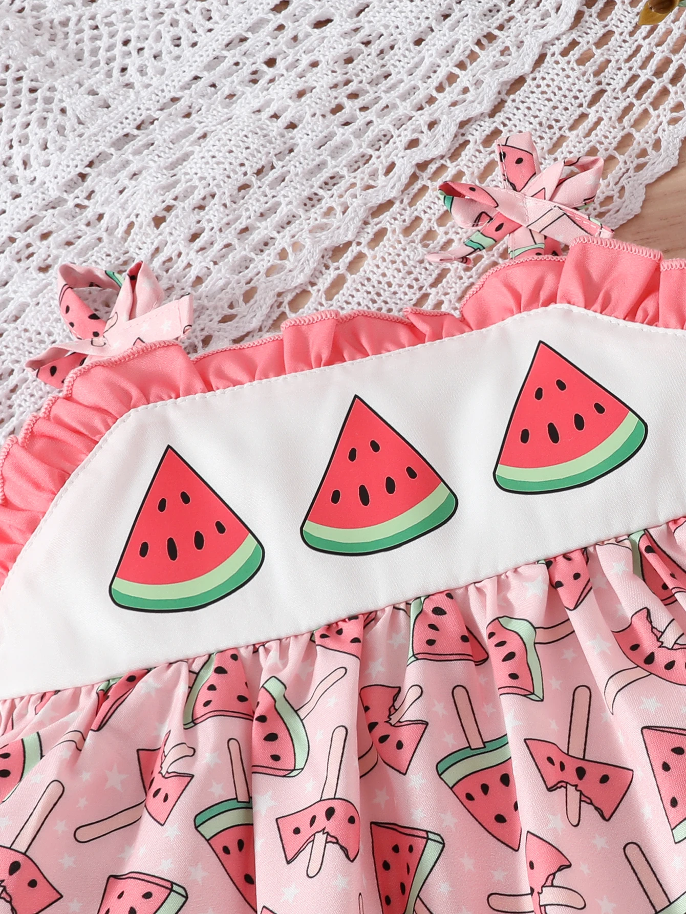 Set Rok Lurus Berlipit dengan Tali Pita Motif Semangka dan Kupu-kupu untuk Bayi Perempuan