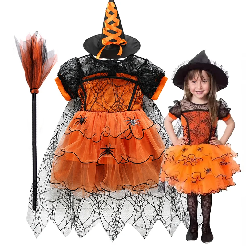 Disfraz de Halloween para bebé, vestido de malla de araña de princesa para niña, ropa elegante de actuación de vampiro, vestidos de bruja de 1 a 6 años