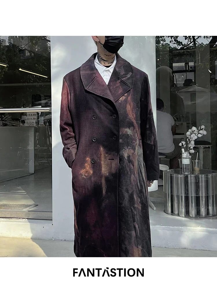 

FANTASTION Original design Beauty and Wolf Oil painting Woolen Overcoat Tweed jacket unisex x-long loose Thicker and warmer tops