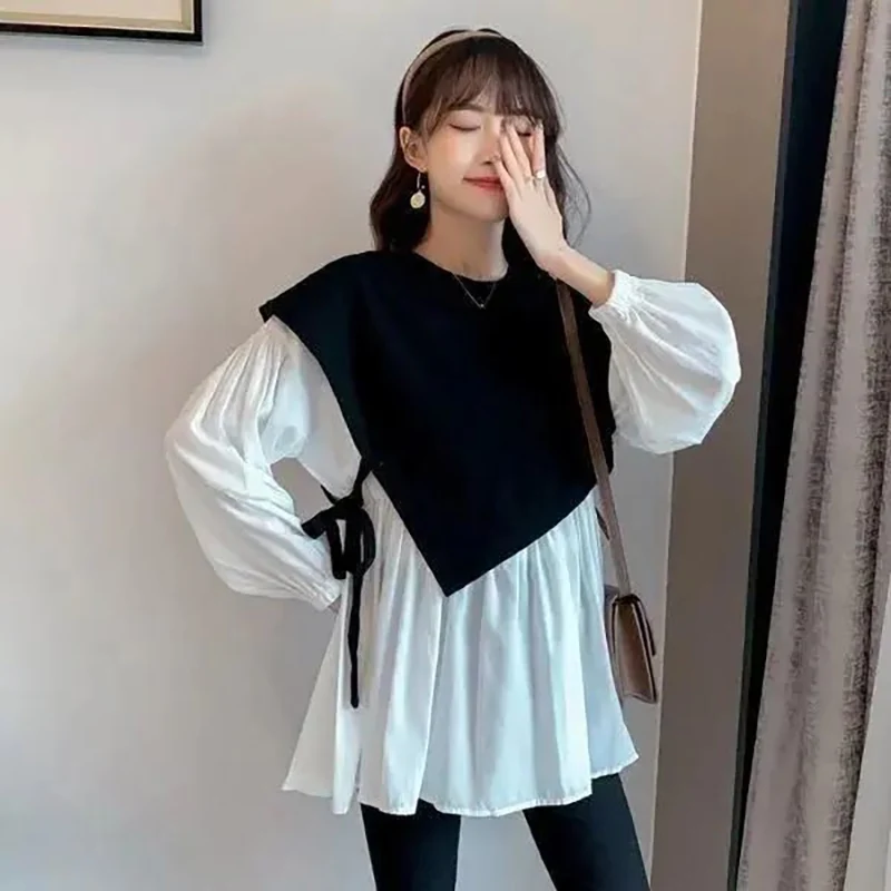 Fashion O-Neck Spliced Bandage Fake Two Pieces Blouses Women\'s Clothing 2023 Autumn Winter Loose Casual Tops Asymmetrical Shirts