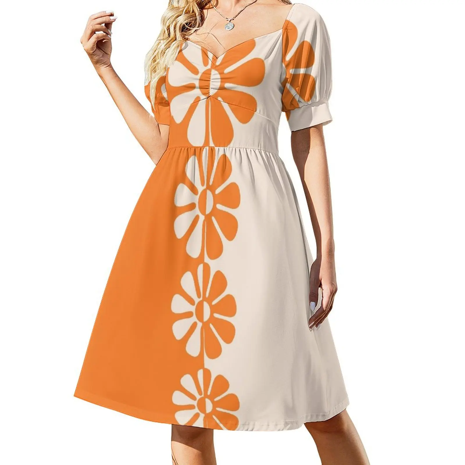 

1960's Bold Retro Mod Flowers in Orange and Cream Short Sleeved Dress Evening gown summer dress daily Dress