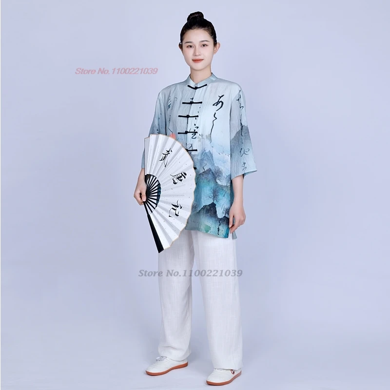 Uniforme d'art martial vintage chinois, ensemble Tai Chi Wushu, impression florale nationale, exercice d'entraînement, marche en plein air, kungfu, 2024