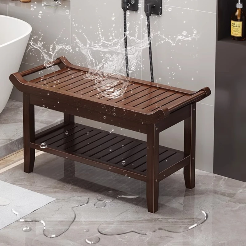 

‌Height Adjustable NonSlip Shower Stool,Elderly Bath Seat with Backrest,Waterproof Footrest 35x35cm,Solid Bamboo Bathtub Bench