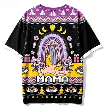 MAMA Mysterious Rainbow Moon Evil Eye Crystal T-shirt 3D Full Sky Flower Hand Drawn V-neck Short Sleeve Casual Top