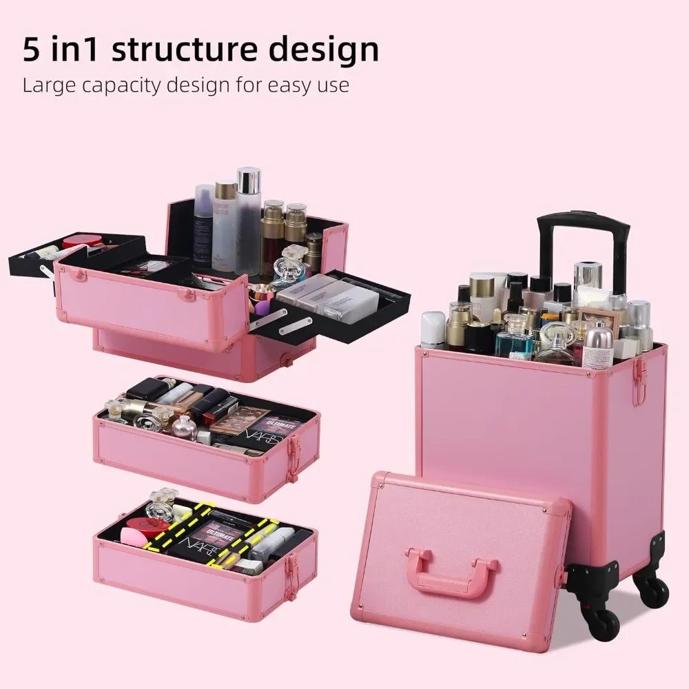 Makeup Train Box, Roll Makeup Box with Lid, 5-in-1 Beauty Box on Wheels, Christmas Gifts, Salon Barber Professional Makeup Case