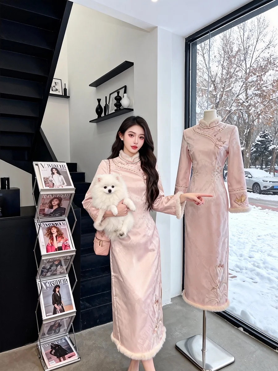 pink-elegance-long-sve-fro-coat-thiened-fce-wedding-dr-gentle-sle-dr-for-engagement