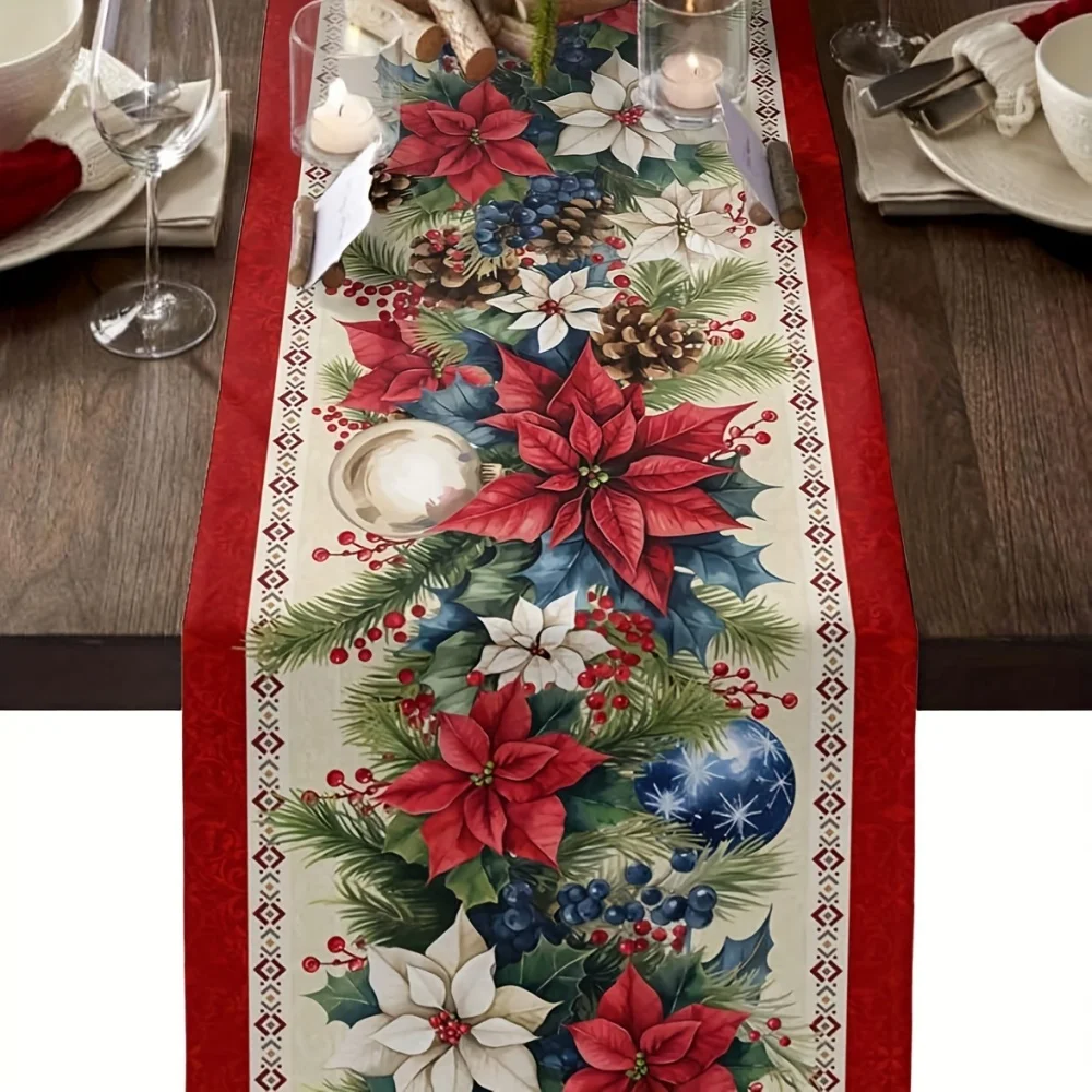 Weihnachtsstern-Tischläufer aus Leinen – Rot, festliche Winterdekoration für Feiertage, Esszimmer und Küche