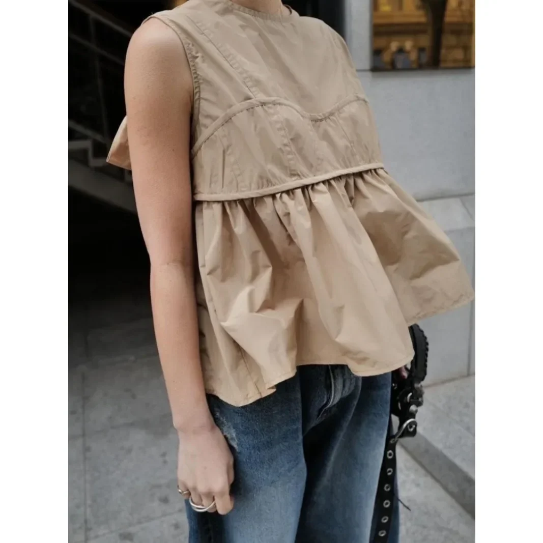 Loose Hem Blusas Round Neck Back Bandage Bow Shirts & Blouses Japanese Camisas Sleeveless Ropa Mujer Summer 2024 New Tops