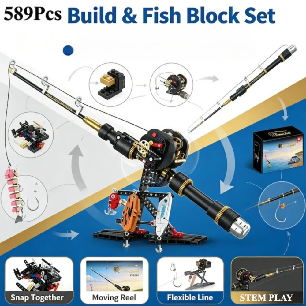 Fishing Rod Building Blocks Simulated Sea Fishing with Reel Set Creative Construction Toy Christmas Gift for Fishing Enthusiast