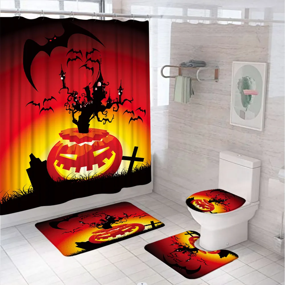 

4Pcs Halloween Cemetery Shower Curtain Set Toilet Lid Cover Bath Mat Scary Night Pumpkin Lantern Castle Bathroom Decor Curtains
