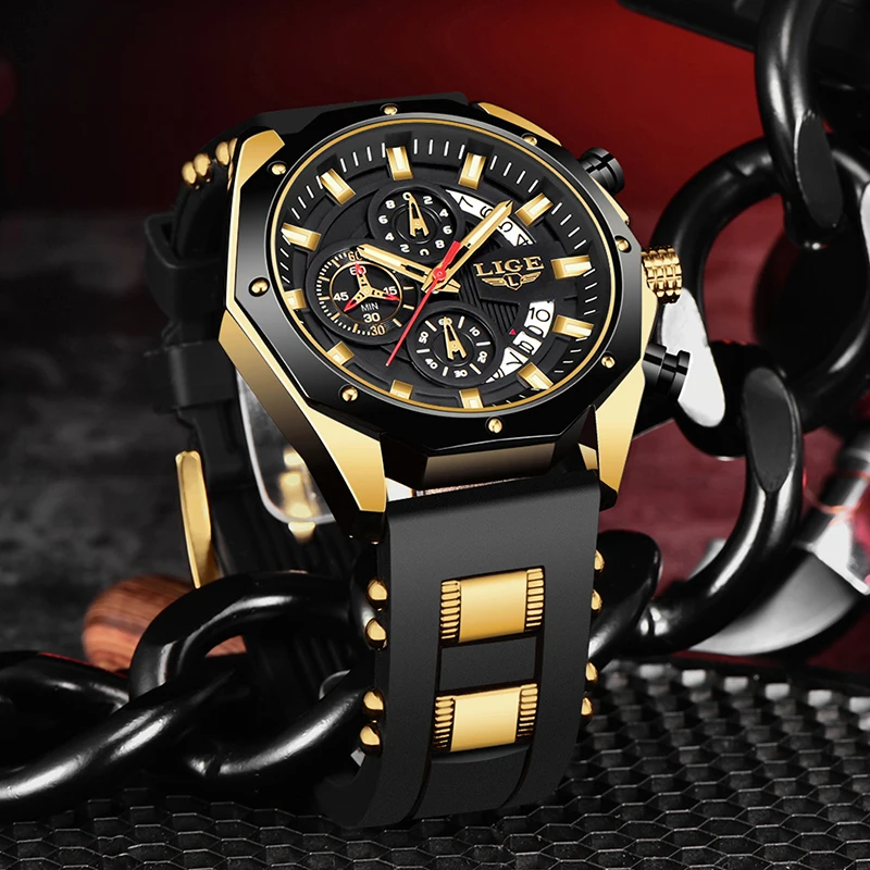 LIGE Waterproof Watch Men Fashion Military Sports Men\'s Quartz Wristwatches Top Brand Luxury Silicone Chronograph Reloj Hombre