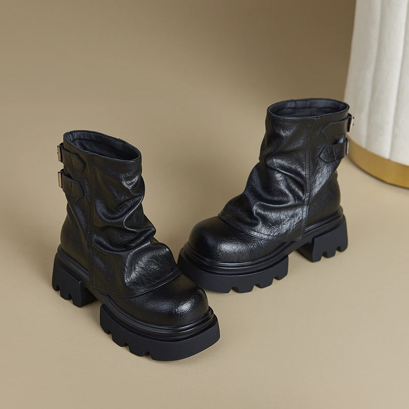 2025 New Women's Trouser Boots Thick-soled Square-toe Women Ankle Boots Large-Size Vintage Fashion Motorcycle Boots female