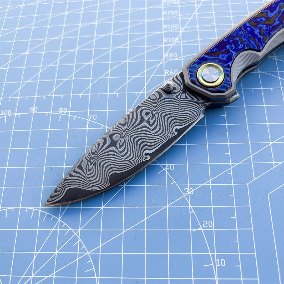 다마스커스 스틸 접이식 나이프 팀아스커스 핸들 수집품 캠핑 아웃도어 사냥 나이프 낚시 EDC 방어 도구 선물