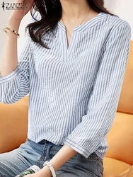 ZANZEA Women Elegant Summer Striped Shirt Autumn V Neck 3/4 Sleeve Blouse Fashion Casual OL Work Tops Female Party Blusas Mujer