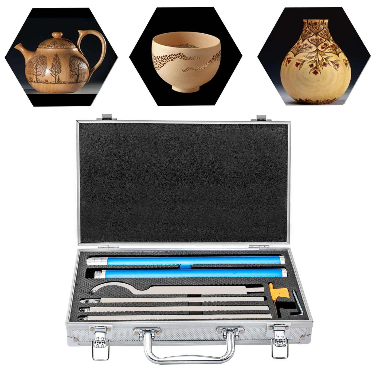 8 Pcs Wood Turning Tools Carbide Tipped Lathe Tools Rougher Turning Chisels Set with Aluminum Suitcase