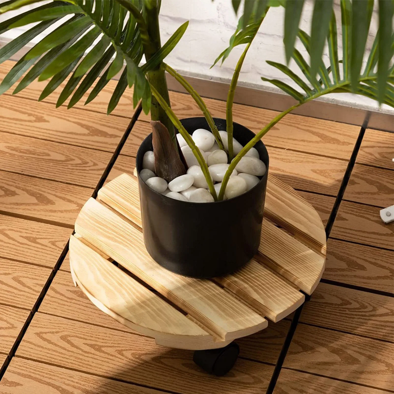 Wood Rolling Plant Stand Moveable Heavy Duty Lockable Thickened Plant Roller Base with Wheels for Indoor Outdoor Garden