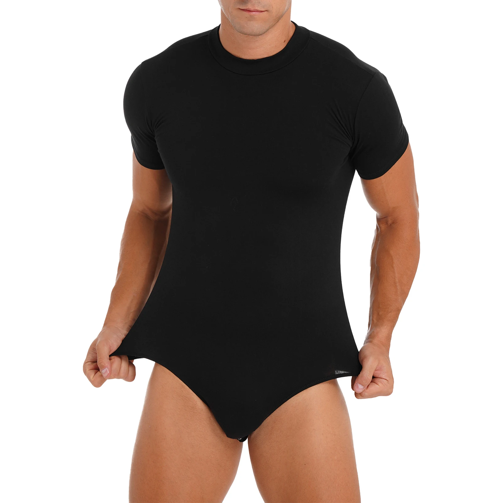 Bodysuit monocromático masculino, collant, camiseta, botão de ganga, manga curta, macacão magro, camiseta casual, macacão, pijama