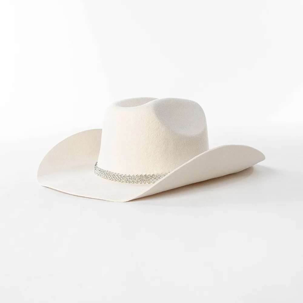 

New Fashion Elegant Diamond Chain Wide Brim Woolen Denim Hat Warm Styling Felt Hat Hot Sale