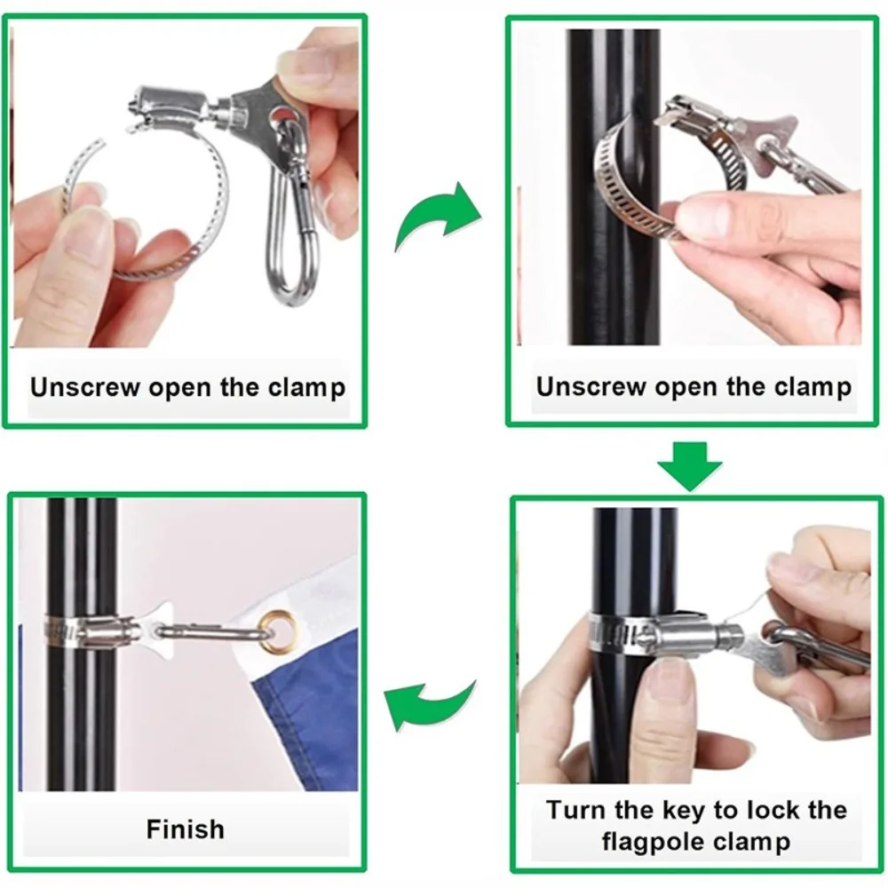 4pcs New 22-32mm Flagpole Clips Rings with Carabiner Stainless Steel Rope Hook Adjustable Outdoor Brackets Hose Clamp House