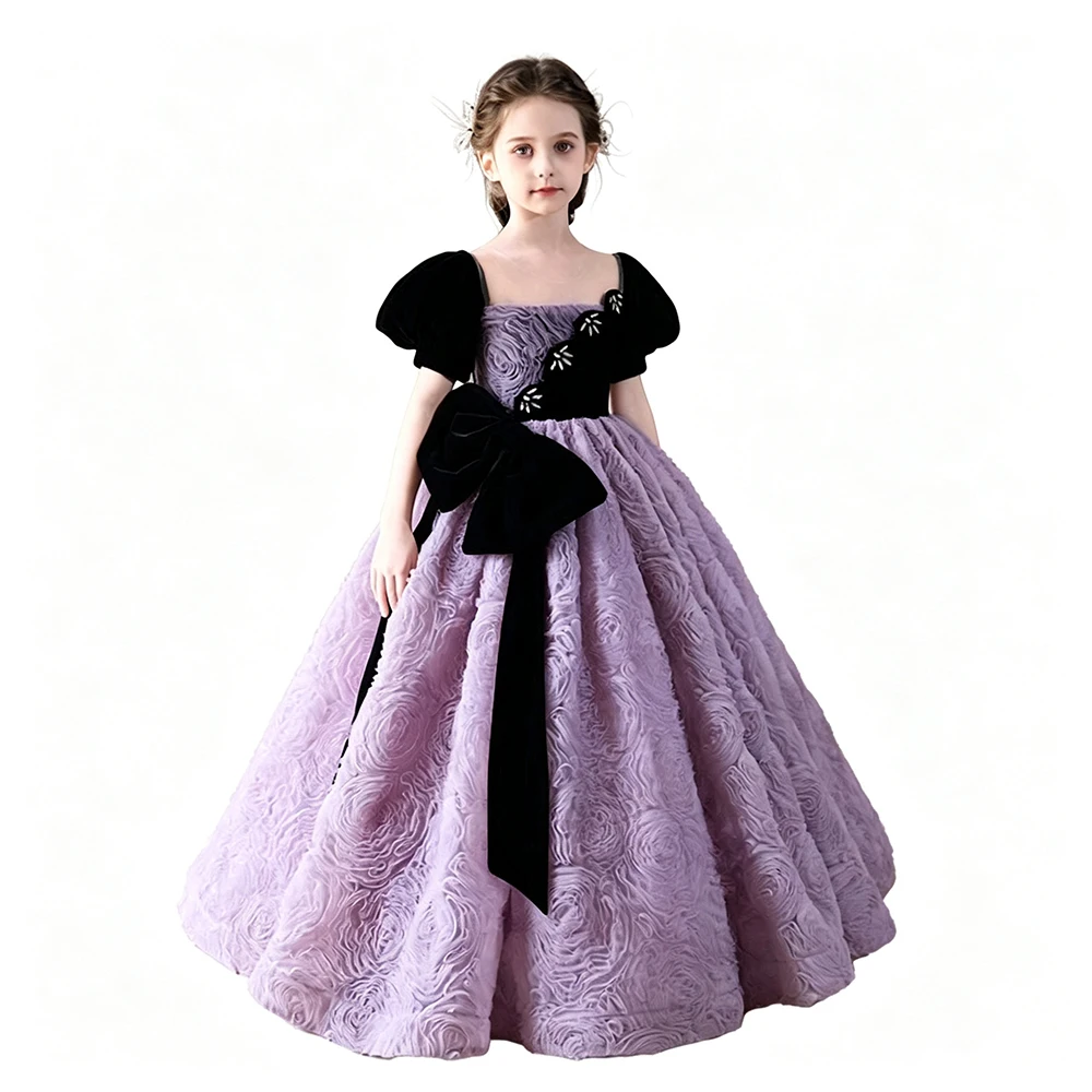High End Princess Girls Elegant Pageant Birthday Party Piano Recital Dress Short Sleeve Big Bow Kids Evening Prom Banquet Gown