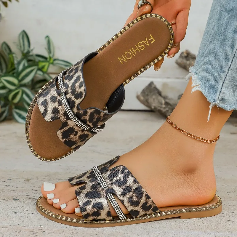 

Summer Fashion Casual Women's Bling Rhinestone Decor Slide Slippers Leopard Outdoor Elegant Sexy Light Flats Women Slippers