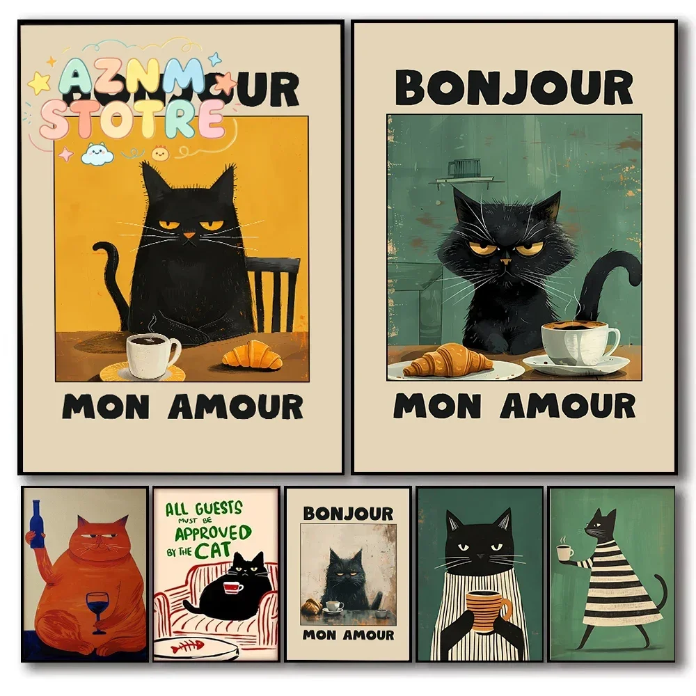 Bonjour Mon Amour Black Cat Art Canvas Print Mid-century Dog Drink Coffee Wall Art Poster for Modern Living Room Home Decor G