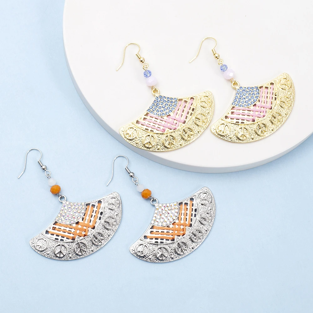 

Zinc Alloy Fan Shaped Earrings For Women 2025 Peace Logo Personality Hand Embroidered Design Vintage Earrings With Rhinestones