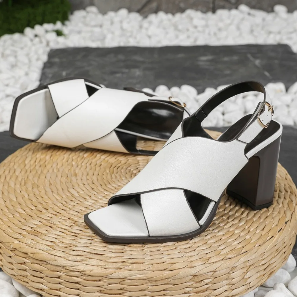 

Women Sandals Vintage Square Head Cross Strap Sandals Women Thick Heel Buckle Strap Rear Strap High Heel Roman Commuter Sandals