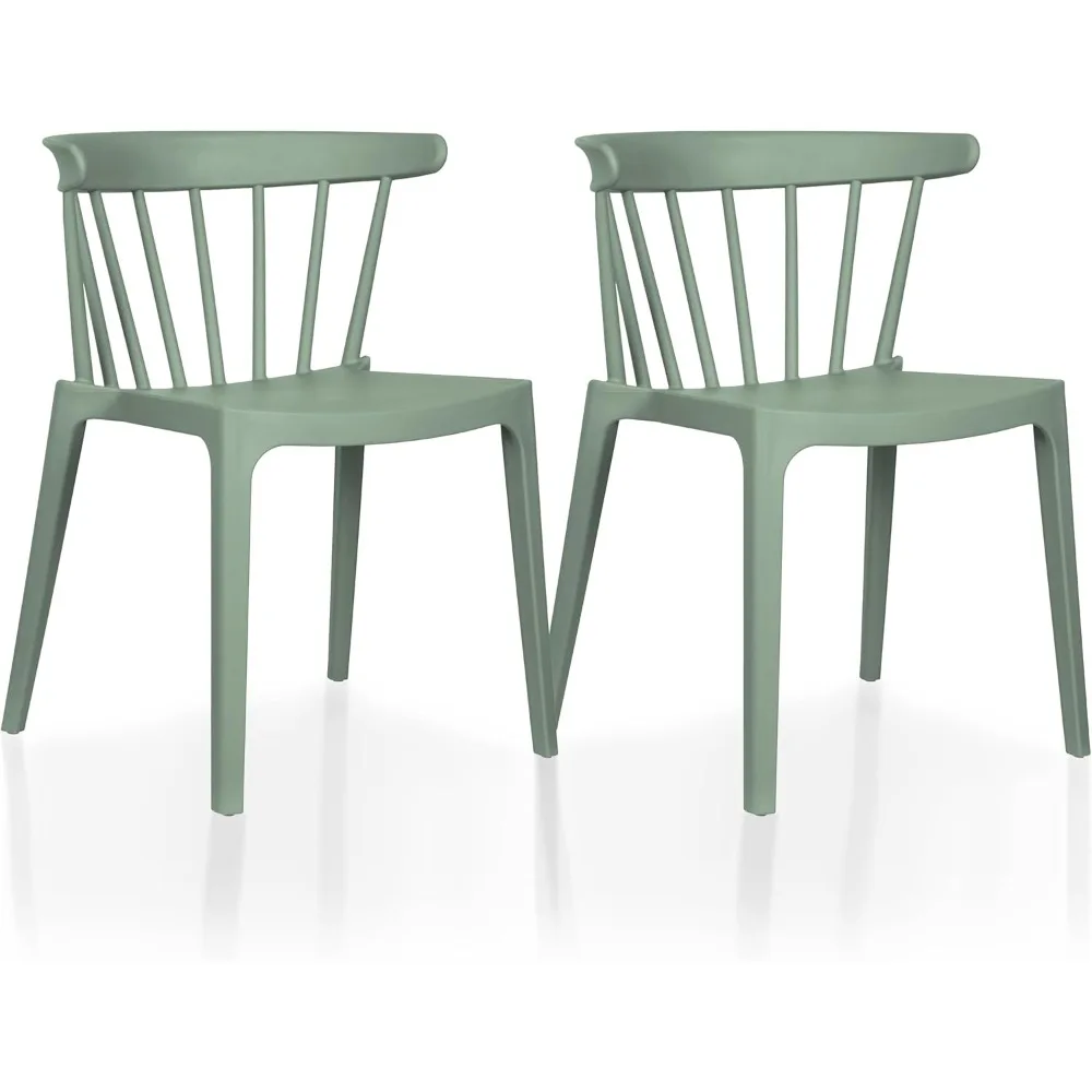 

Set of 2 Stackable Patio Chairs | Spindle Slat Back | Weather Resistant Molded Plastic | Lightweight Space Saving Elbow Design