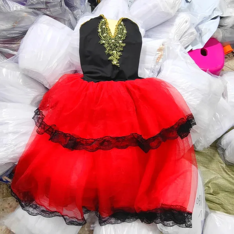 

Испанская красная балетная юбка-пачка для девочек, длинное платье из мягкого тюля, костюмы для выступлений vl;6