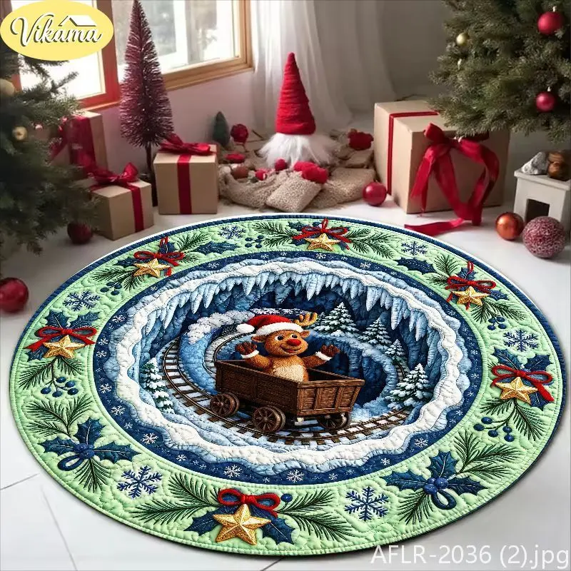 VIKAMA 3D Visual Reindeer Train Christmas Round Rug, Soft, Non-Slip Indoor Area Rug, Living Room Decorative Rug, Home Decor