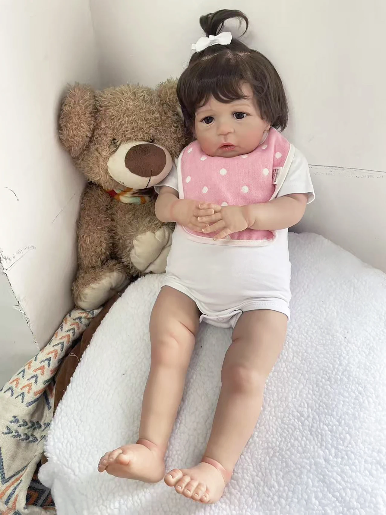 24Inch Multiple Layers Painting Skin With Hand Rooted Hair Wearing Pink Bib And White Short Sleeved Jumpsuit Sandie Reborn Doll